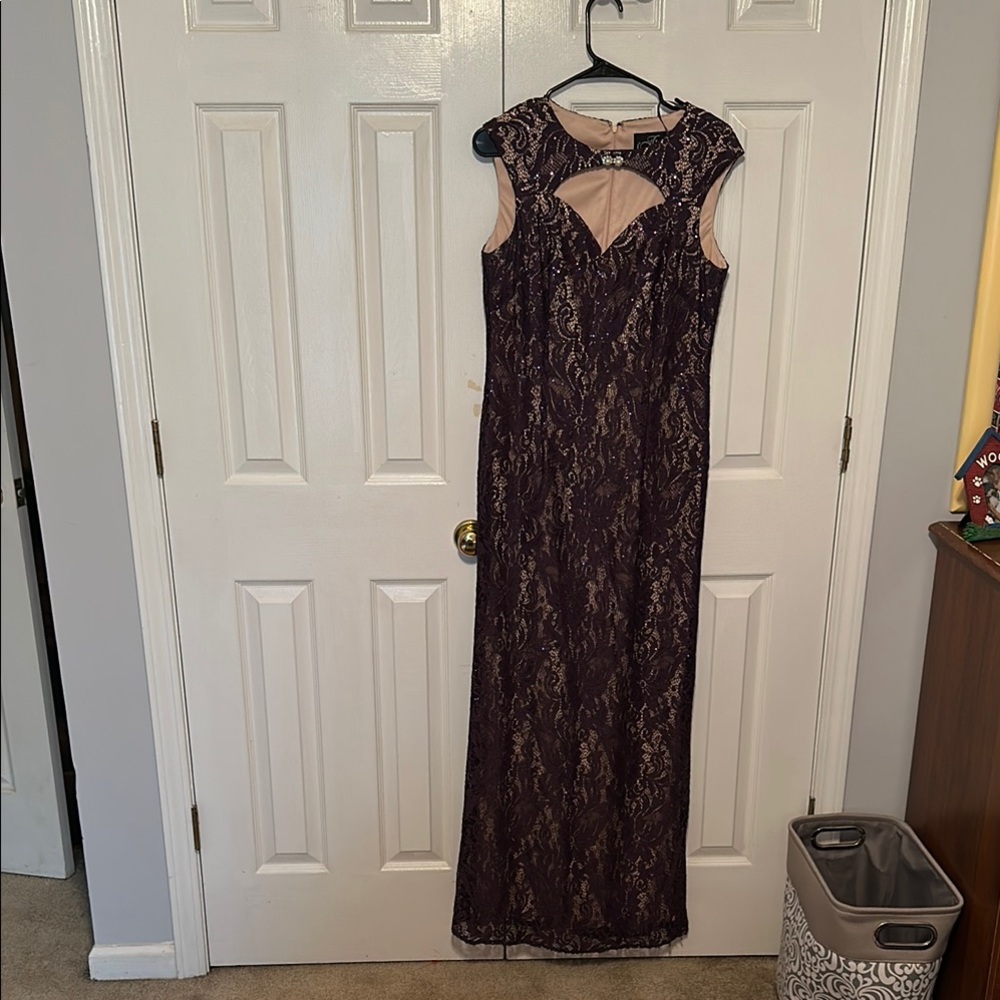 Alex Evenings Lace Overlay Dress in Plum and Cream sz 12